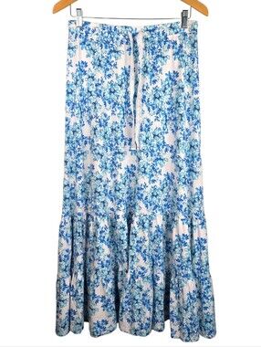 Garnet Hill Floral Pull On Maxi Skirt Tiered Sz S Cottegecore Romantic Lace